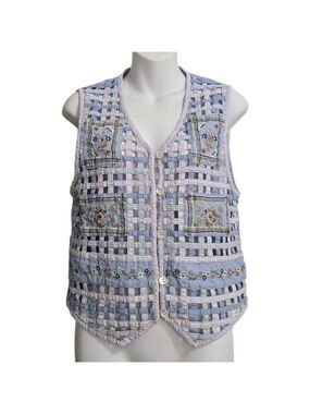 Van Heusen Vintage 90s Embroidered Floral Lattice Chambray Grannycore Vest Sz M